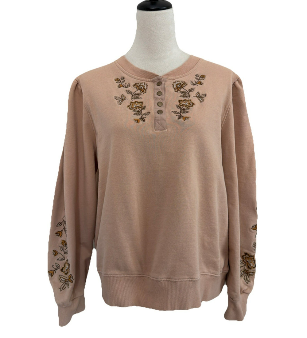 Driftwood Henley Sweatshirt Women 1X Brown French Terry Embroidered Relaxed Boho